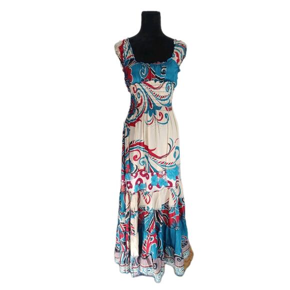 Women's Homemade Bohemian Floral Smocked Tiered Off Shoulder Maxi Dress OS - Picture 2 of 5